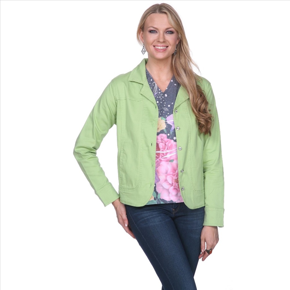 Rhinestone Button Jean Jacket - Lime